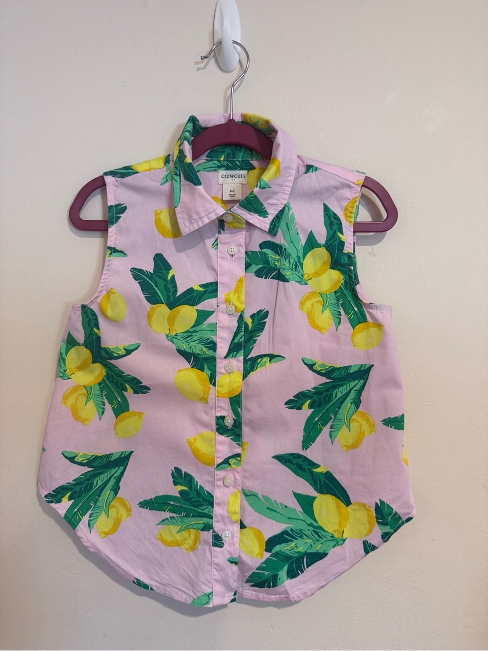 Crewcuts Girls Pink Sleeveless Lemon Print Tie-Front Shirt size 6-7 like EUC - Picture 2 of 6